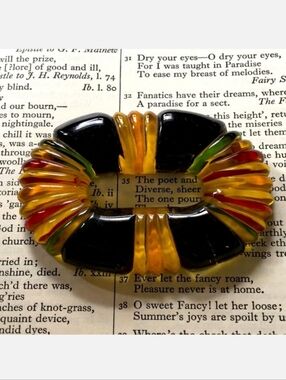 HUGE Reverse Painted Apple Juice Brooch Vintage Black Red Pin C Clasp Closure